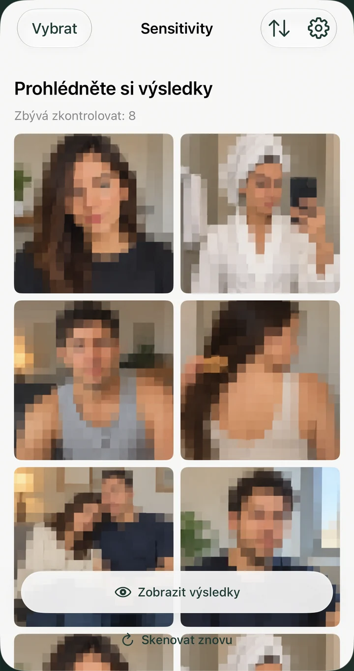Sensitivity obrazovka s ukázkovými fiktivními fotografiemi
