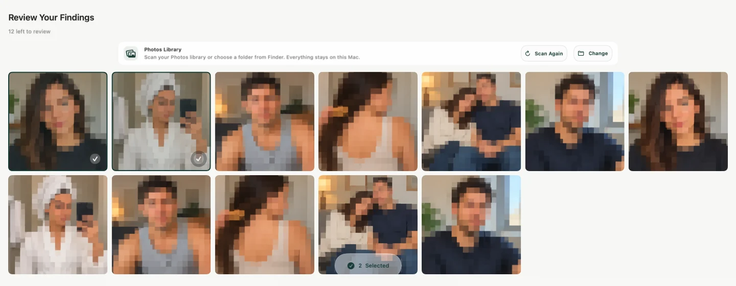 Sensitivity on Mac showing selected example photos for review